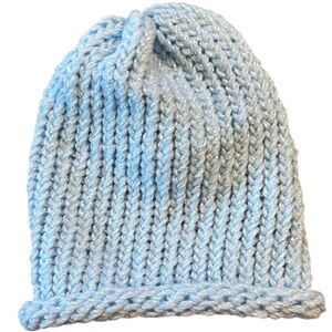 Hand Crafted Baby Knit Beanie Infant Hat Icy Blue White Lightweight Handmade Boy